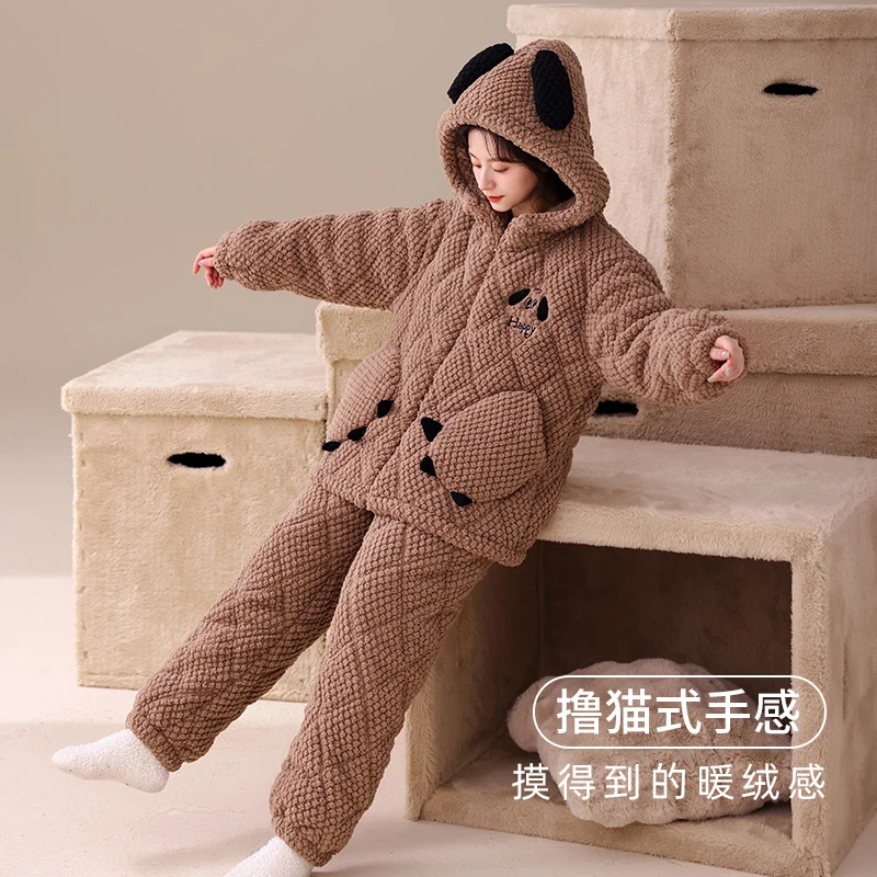睡衣女冬季加厚加绒保暖夹棉套装网红2023新款睡衣女可外穿家居服