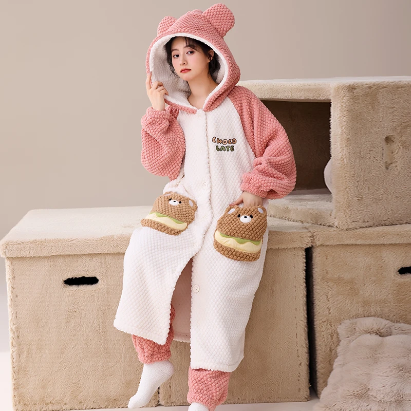 睡衣女秋季长袖网红家居服可外穿玫瑰绒款保暖睡袍大码冬季套装