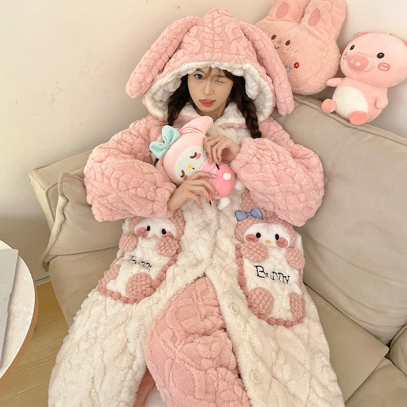 睡衣女冬季三层夹棉加绒加厚睡袍珊瑚绒秋冬可外穿保暖家居服套装