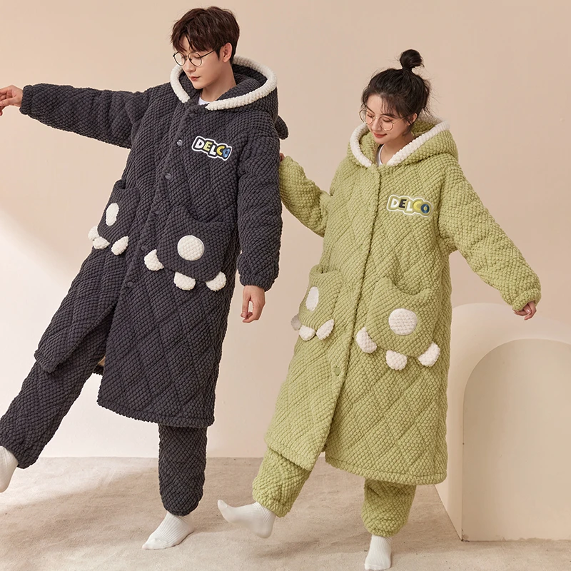 睡衣女秋冬加厚加绒情侣三层夹棉睡袍保暖可外穿新款家居服男套装