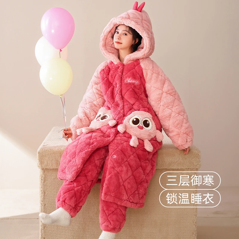 睡衣女冬珊瑚绒睡袍三层夹棉可外穿加厚加绒款冬季保暖套装家居服