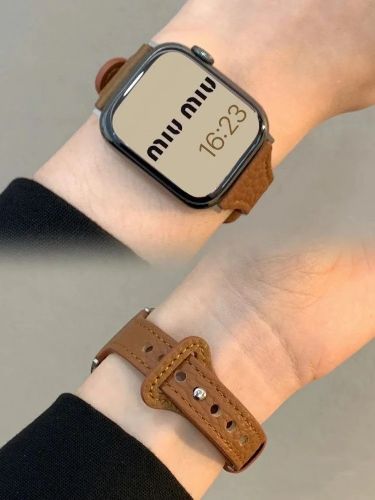 适用applewatch S10柔软荔枝纹真皮表带iwatch98765432代SE高级女