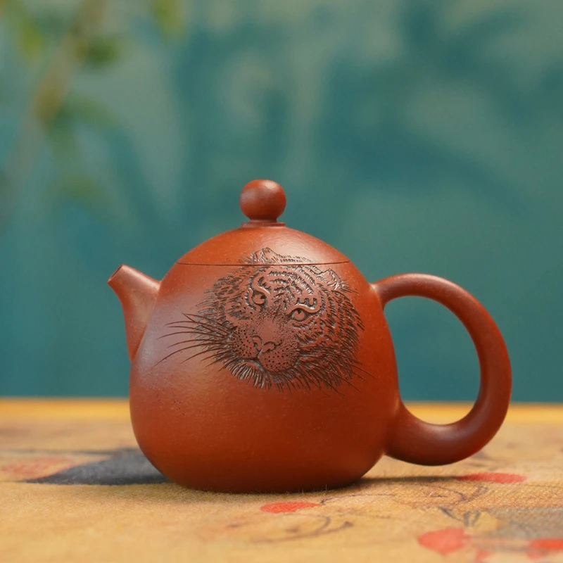另味卢桂荣鱼籽朱泥蔷薇虎壶紫砂全手手拉壶雕刻壶110cc小品茶壶