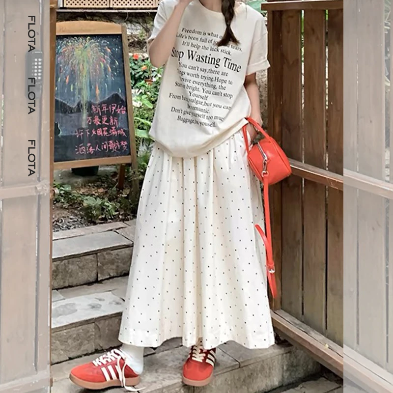 【flota】简约遮肉小波点半身长裙韩系慵懒宽松百搭高腰裙子0013