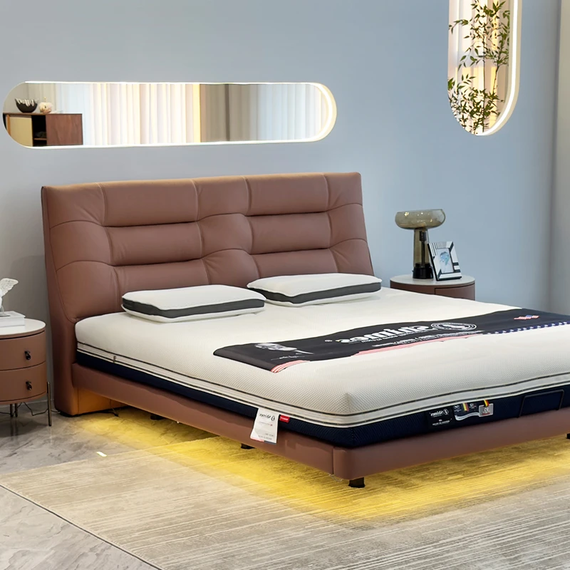 SIBIN/思彬新款大气头层牛皮感应灯带轻奢现代简约主卧双人婚床