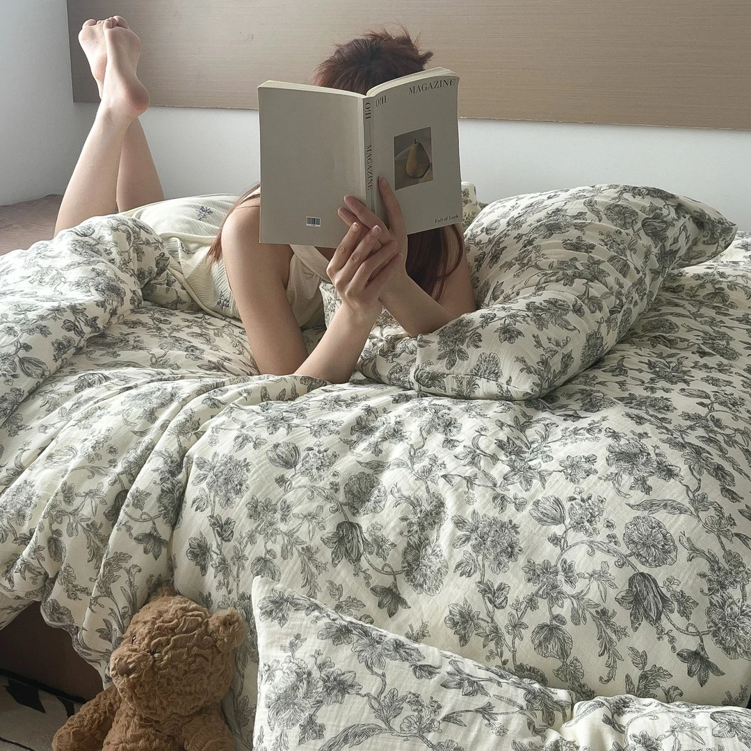 全棉纱布皱皱纱四件套纯棉韩系小碎花活性印花双人床单被套法式