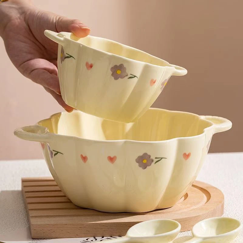 紫藤花9.5英寸双耳南瓜汤碗1个奶油风家用陶瓷大容量汤碗面碗