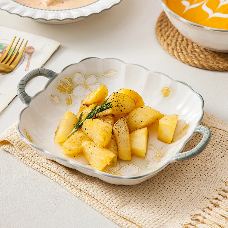 浮雕黄金叶8.5英寸双耳四方盘2个装网红中式家用陶瓷汤盘菜盘餐盘