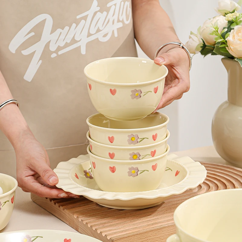 紫藤花4.5英寸米饭碗4个装奶油风陶瓷釉下彩米饭碗吃饭碗汤碗面碗