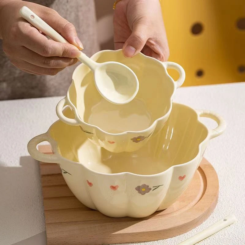 紫藤花6英寸双耳花型碗+扭扭勺2件套奶油风网红创意家用陶瓷饭碗