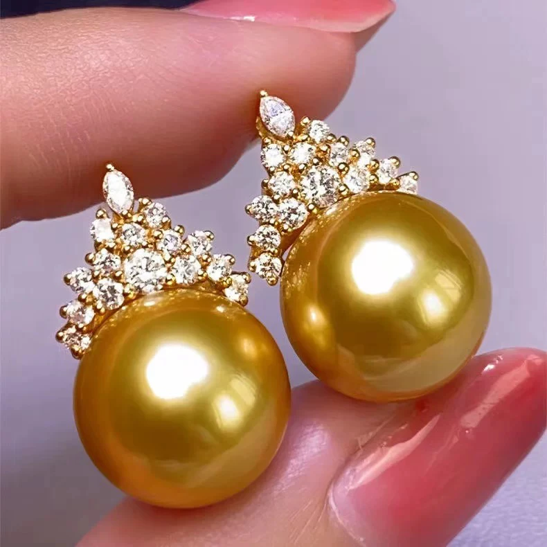 925银耳饰 南阳金色珠珠冰雪女王耳钉高贵典雅奢华14mm耳钉