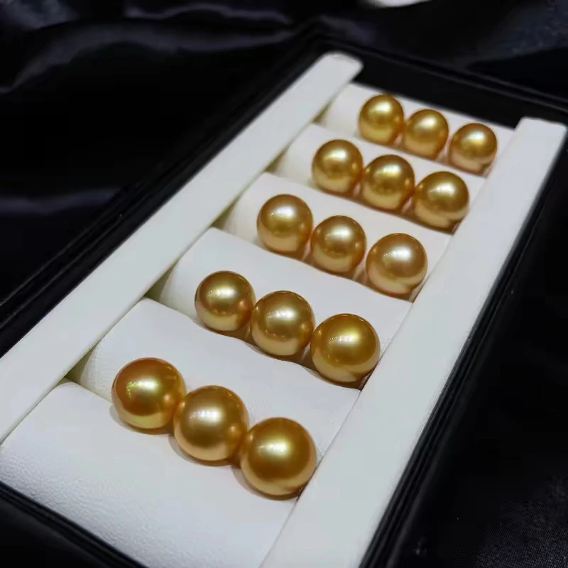 925银耳饰 正圆强光南洋浓金色珠珠耳钉女小众高奢法式复古高级