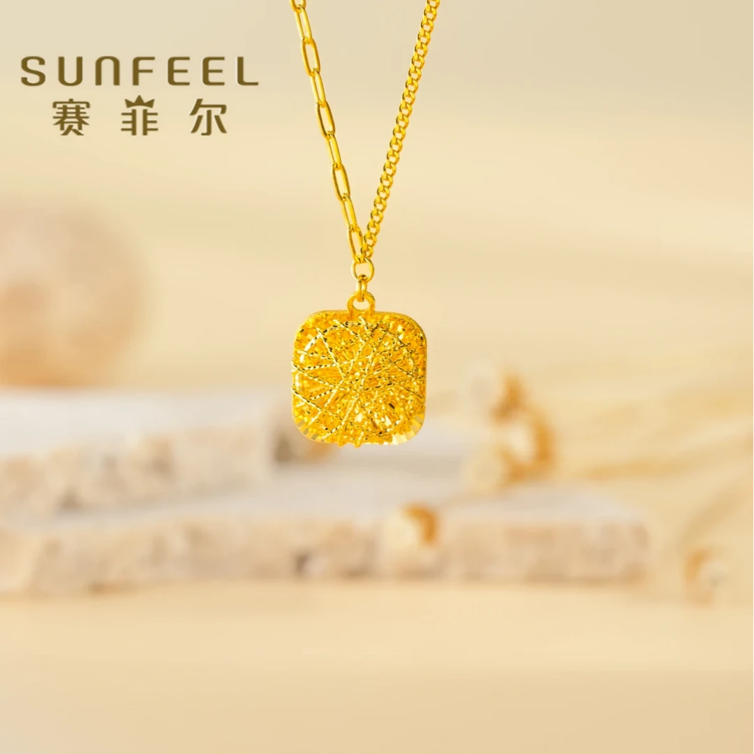 赛菲尔足金999.9黄金拉丝方糖项链精致五金女孩礼物