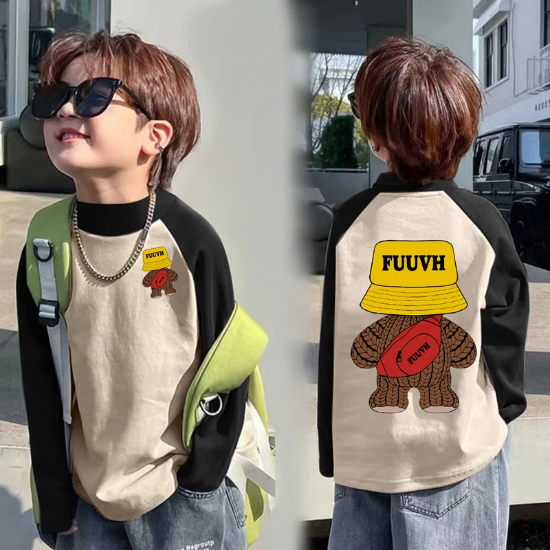 德绒保暖舒适软糯长袖T恤男童印花时尚秋冬新款插肩撞色打底衫潮