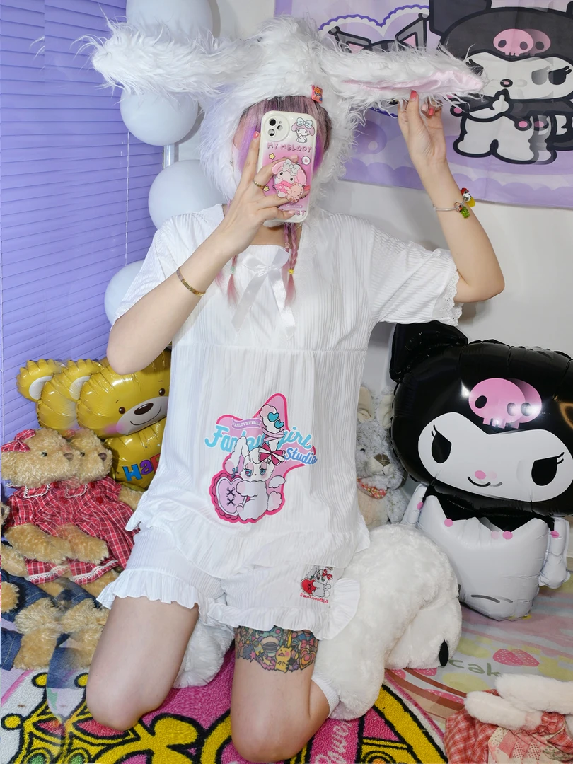 饭粒家 23夏新小清新100有机棉短袖短裤睡衣套装丝质刺绣原创兔子