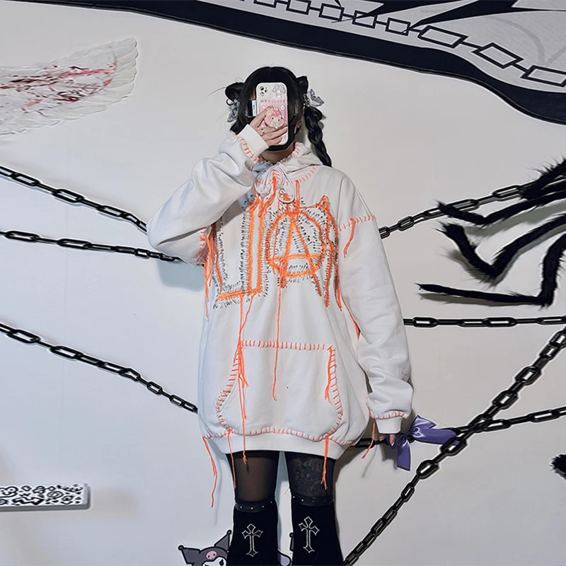 饭粒家 原创朋克手工连帽卫衣外套女设计感套头上衣秋冬字母套头