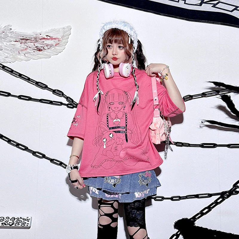 饭粒家 独家手绘卡通大T恤女夏宽松oversize下衣失踪半袖上衣纯棉