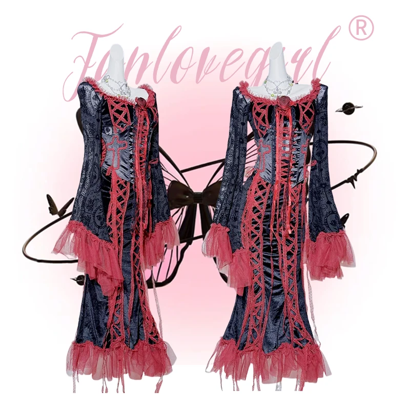 饭粒家 原创设计感蔷薇墓园哥特暗红色蕾丝修身鱼尾连衣裙套装