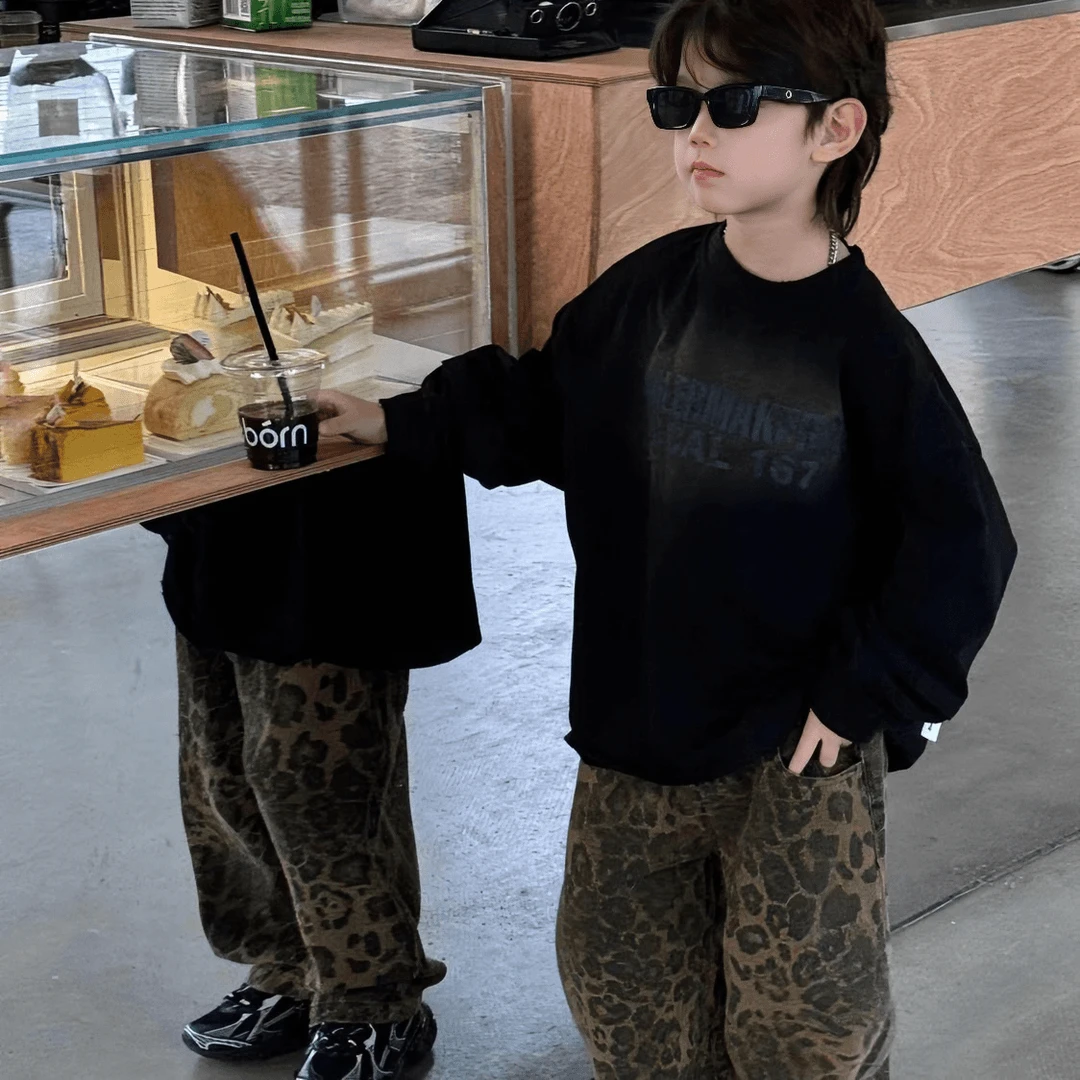 男童2024春秋秋季韩版儿童豹纹复古牛仔宽松百搭裤儿童洋气套装潮