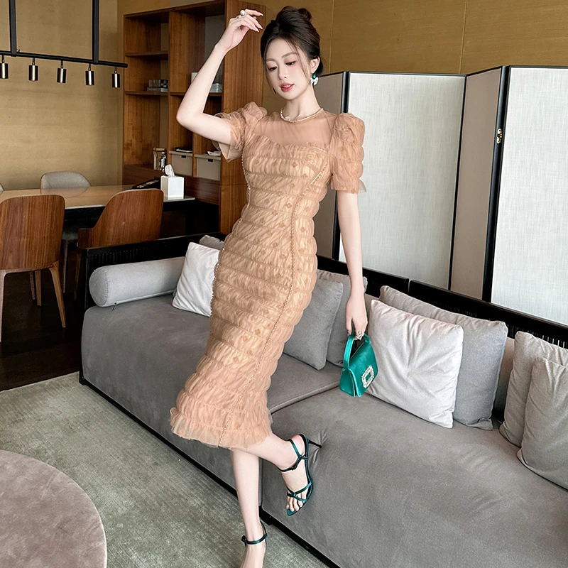 爆款夏季长款连衣裙裙子显瘦气质法式小众收腰修身名媛宴会优雅