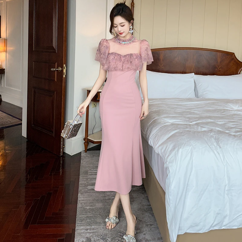 21267 名媛时尚优雅宴会设计感气质法式蕾丝收腰修身小众连衣裙