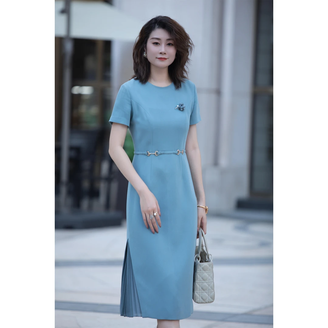 ZOUMO/邹茉舒适透气雾霾蓝气质三醋酸连衣裙A30L00051