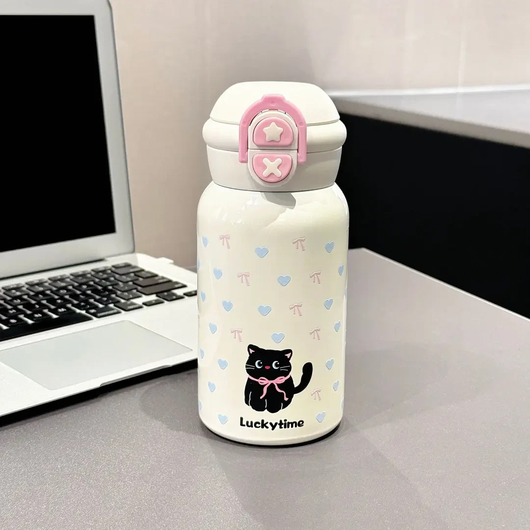 小猫双饮保温杯316不锈钢高颜值大容量吸管杯女学生便携水杯T841