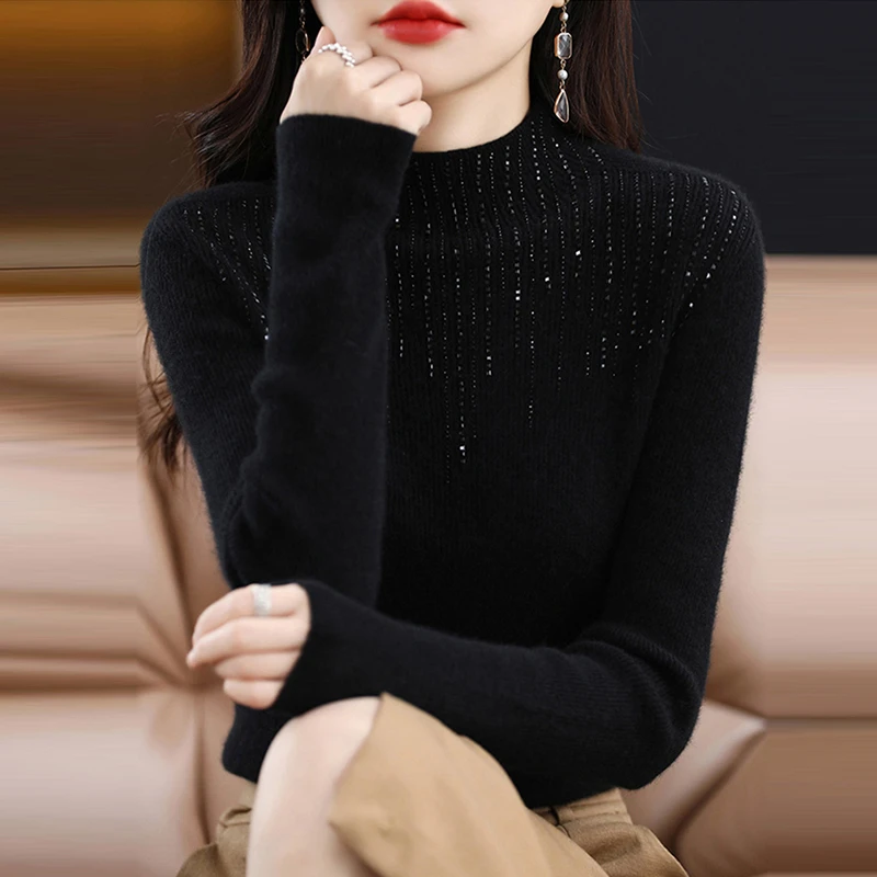 100纯羊绒衫女秋冬新款修身显瘦百搭镶钻羊毛打底衫加厚针织毛衣