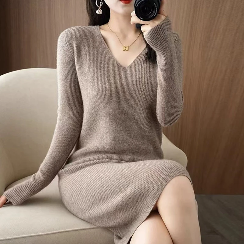 100纯羊绒衫女秋冬新款中长款百搭宽松显瘦毛衣裙针织羊毛打底衫