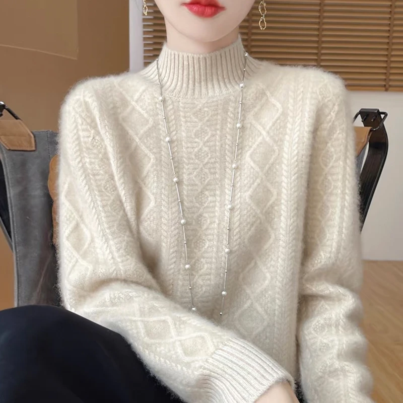 100%纯羊毛衫女士半高领针织时尚毛衣宽松百搭羊绒加厚短款打底衫