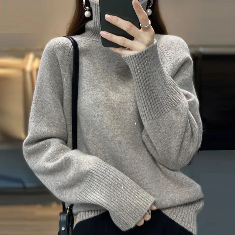 100纯羊毛衫女冬季亮丝高领百搭毛衣针织羊绒衫加厚堆堆领打底衫
