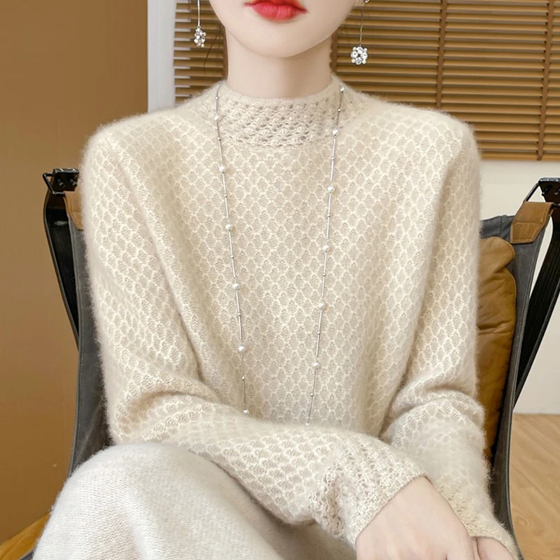 100纯羊绒衫女士秋冬新款加厚打底衫半高领宽松羊毛针织百搭毛衣