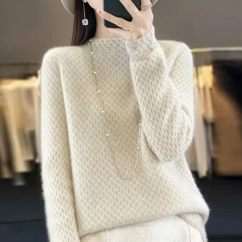 100纯羊毛衫女秋冬加厚百搭打底衫半高领宽松纯色羊绒衫时尚毛衣