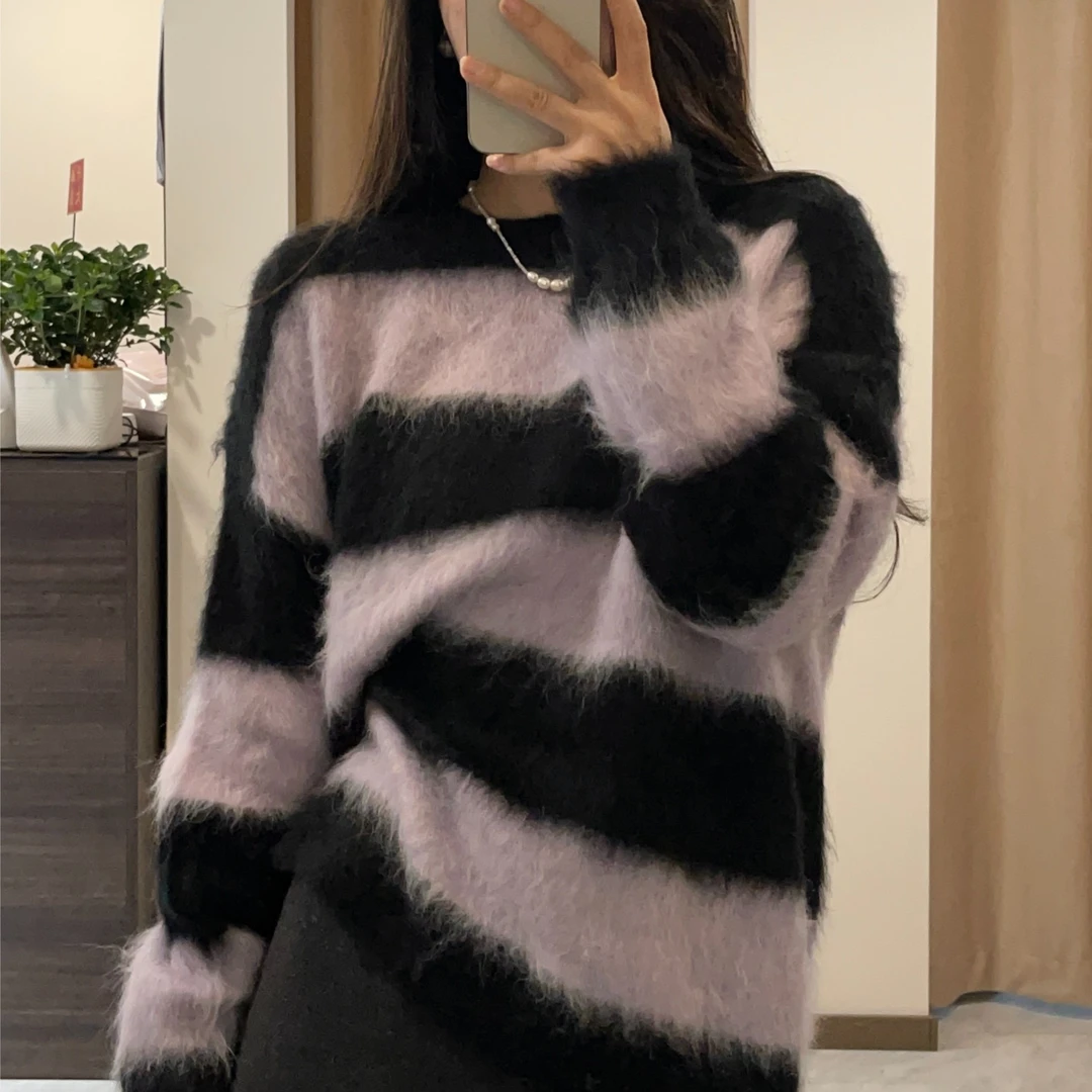 时尚宽条纹百搭圆领套头毛毛毛衣