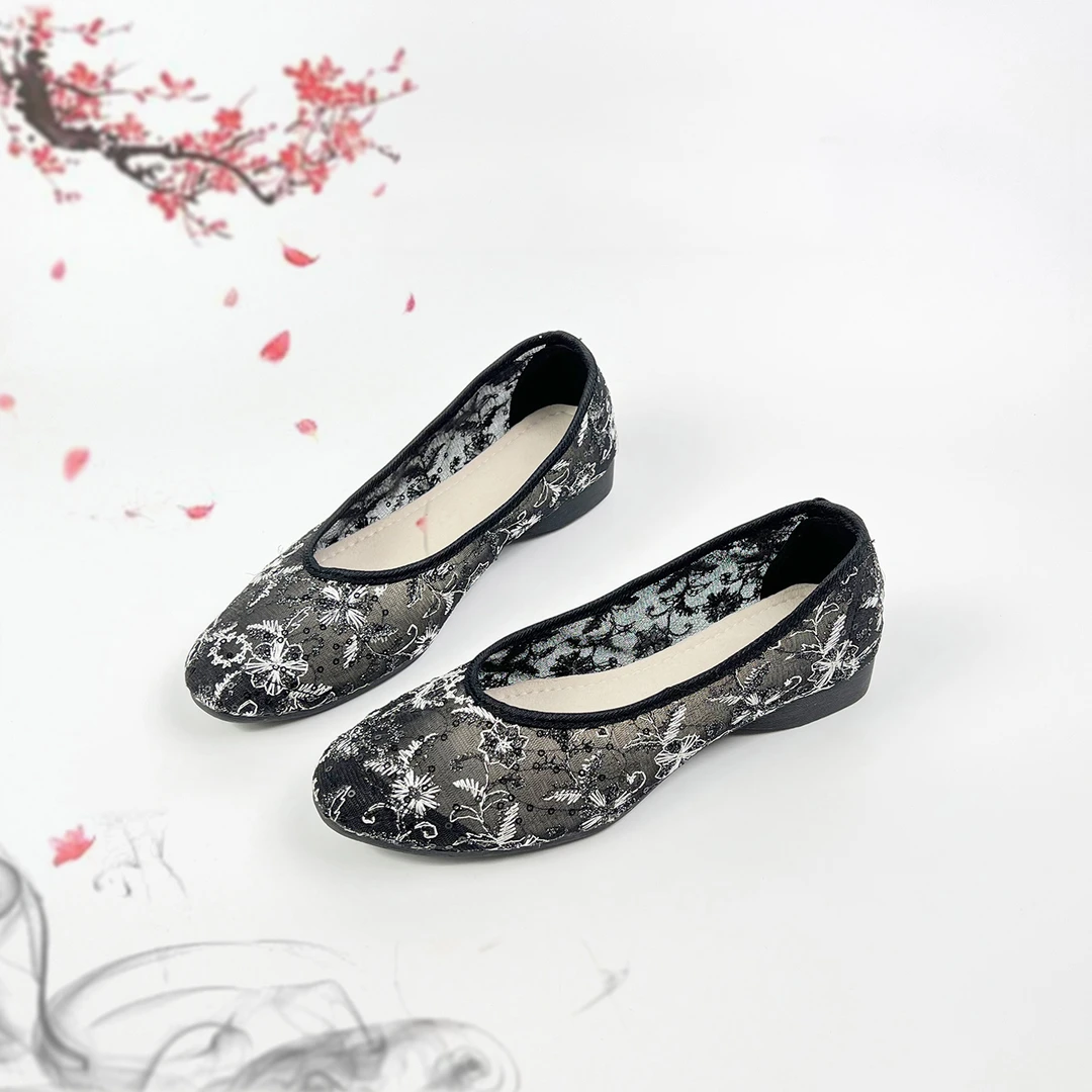 网纱凉鞋夏季小坡跟软底透气百搭布鞋日常低帮布鞋女士703-8