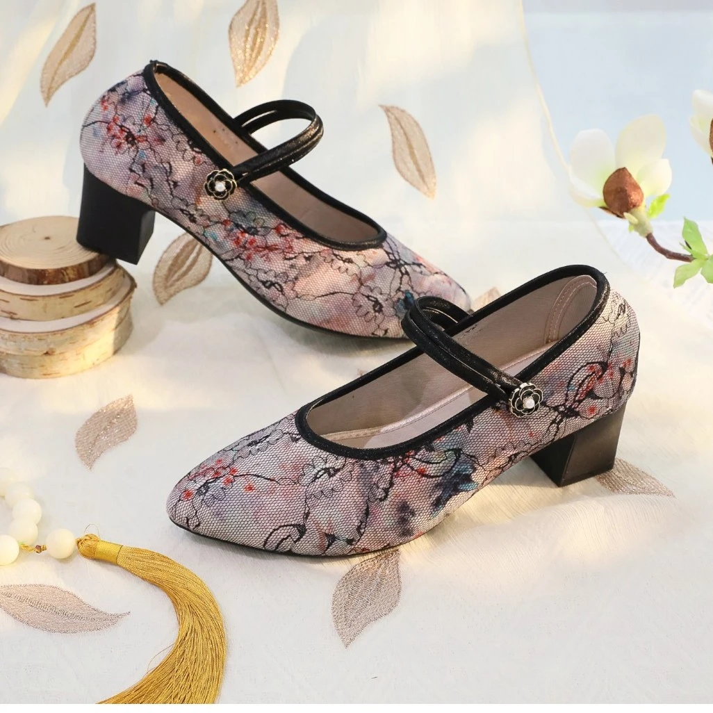 2301A-3 高跟旗袍鞋搭配香云纱系带复古尖头民族风透气粗跟布鞋