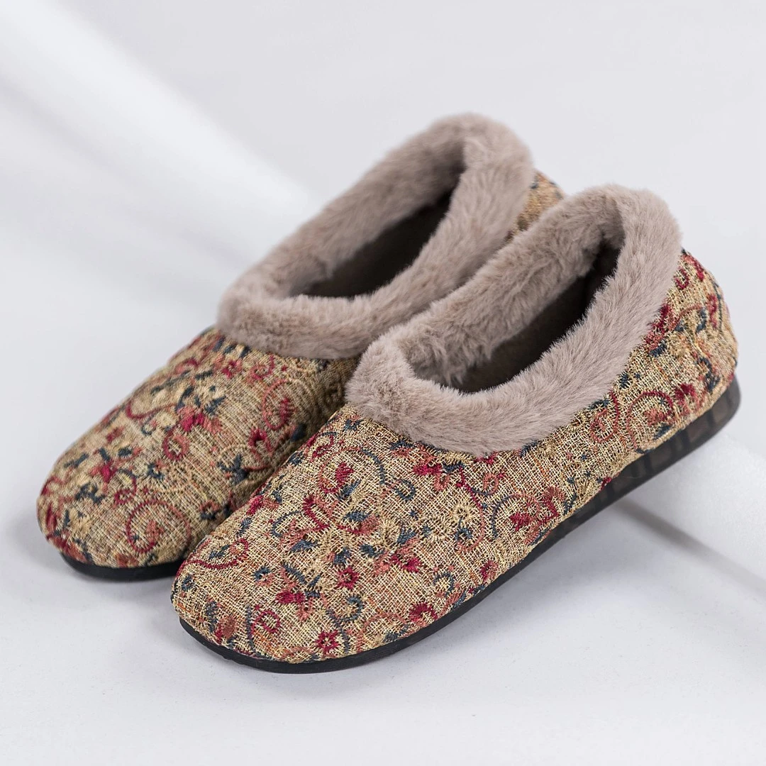 复古提花轻便小棉鞋刺绣布面毛口软底防滑厚底居家外出棉鞋317A-2