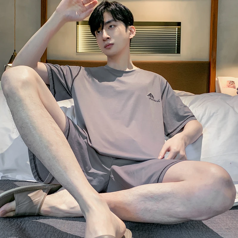 莫代尔棉男士睡衣夏季短袖短裤两件套宽松青年学生夏天高端家居服