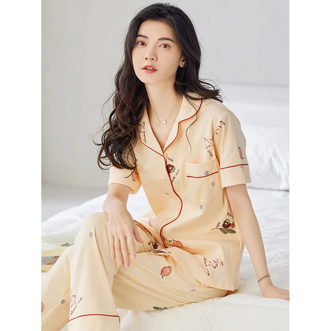 睡衣女夏季纯棉短袖长裤春夏款开衫甜美100％全棉高档家居服