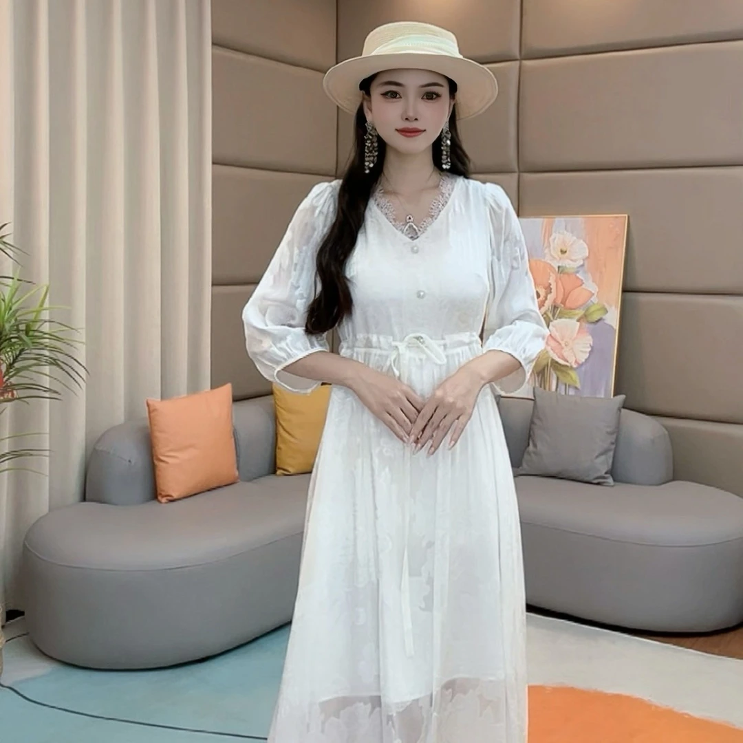 法式V领提花桑蚕丝显瘦收腰时尚休闲气质真丝连衣裙 90366