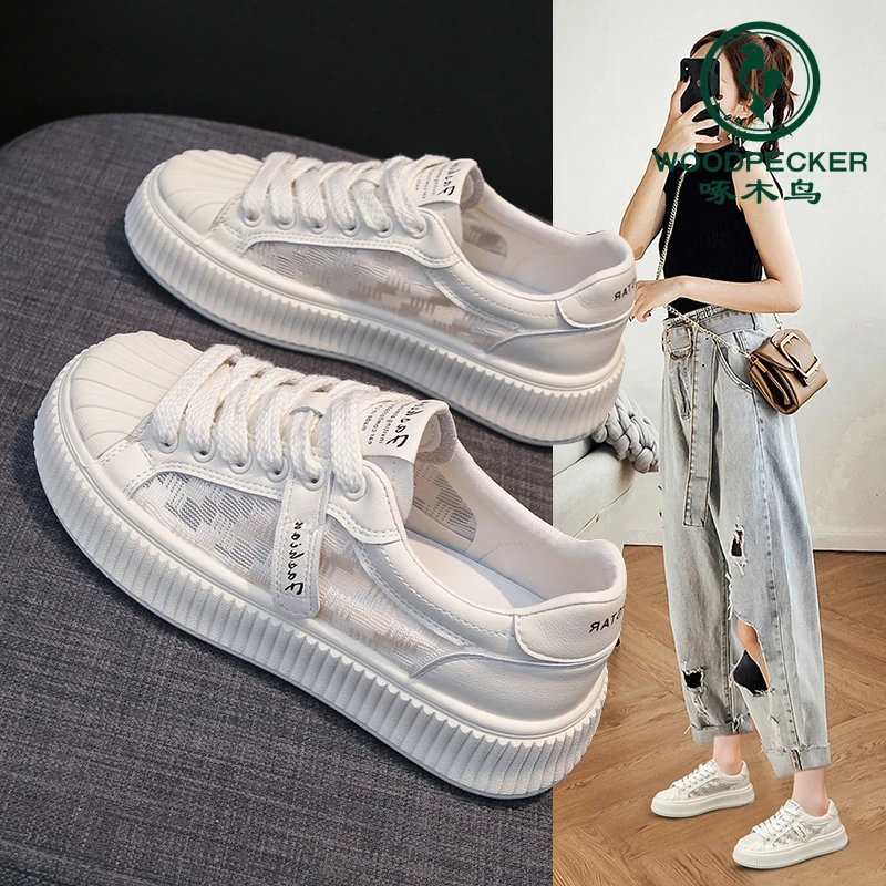 啄木鸟贝壳头透气小白鞋女款2025百搭夏季网面厚底板鞋平底运动鞋