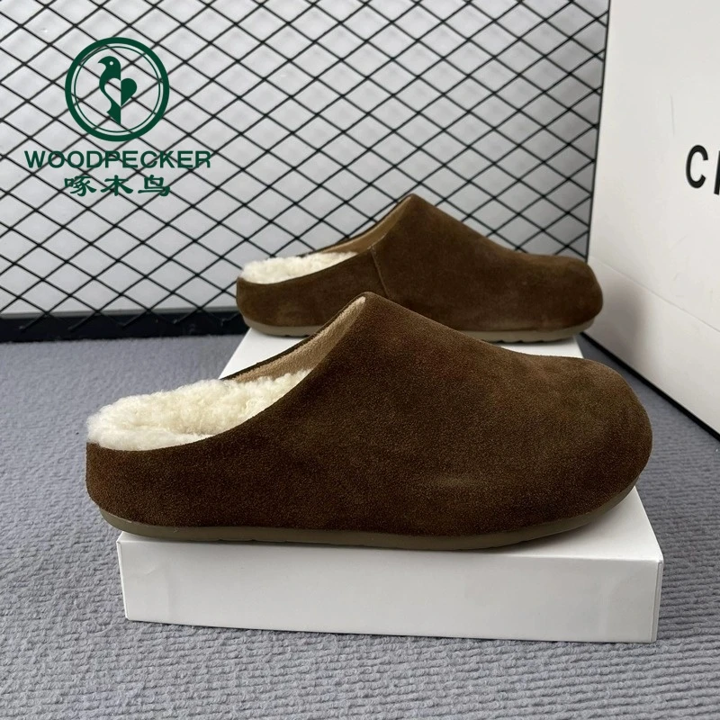 啄木鸟包头加绒半拖鞋女外穿高级感毛毛鞋2024秋季新款懒人勃肯鞋