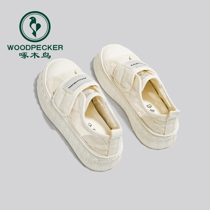 啄木鸟网面小白鞋女2024夏季新款蕾丝魔术贴懒人鞋厚底百搭帆布鞋
