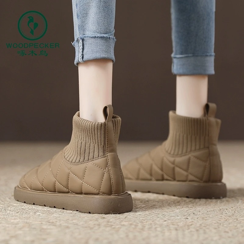 啄木鸟短筒雪地靴女款2025新款冬季百搭加绒加厚保暖防滑面包棉鞋