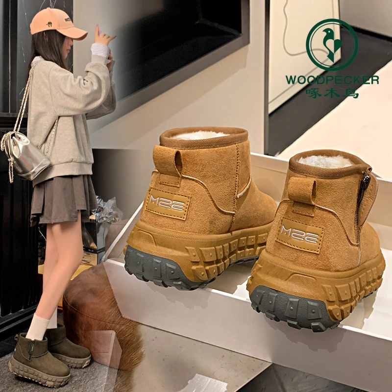 啄木鸟轮胎底雪地靴女2024冬季新款厚底复古短靴加绒保暖雪地棉鞋