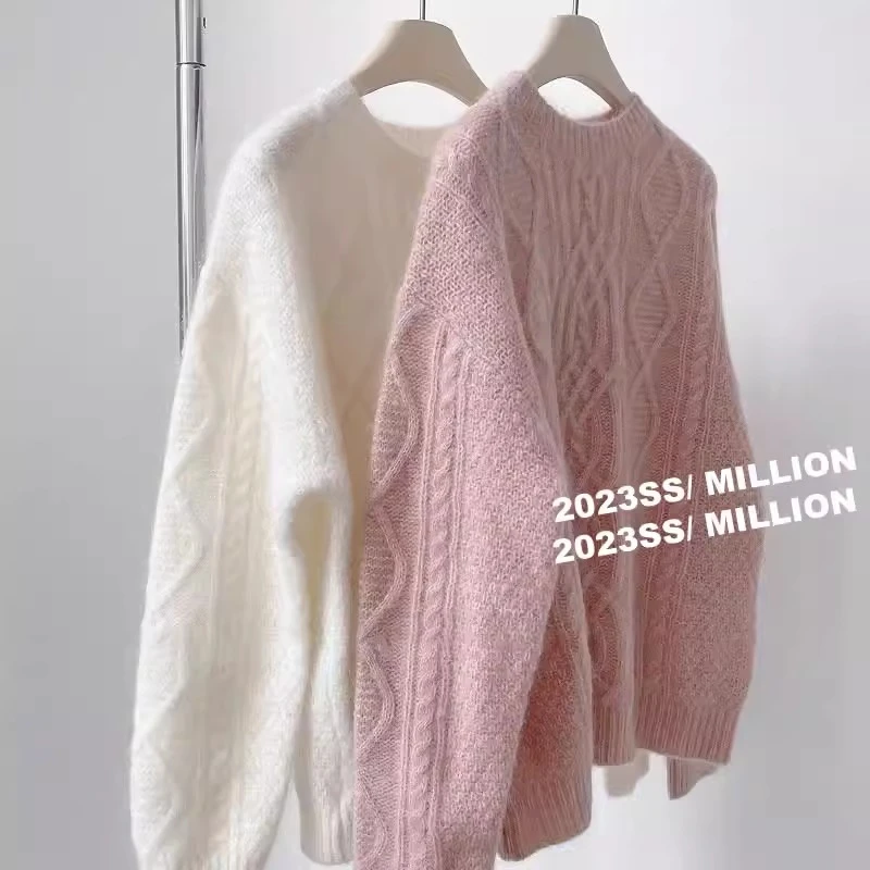 复古温柔风套头针织衫女秋冬仿浣熊绒软糯麻花毛衣宽松外穿上衣厚