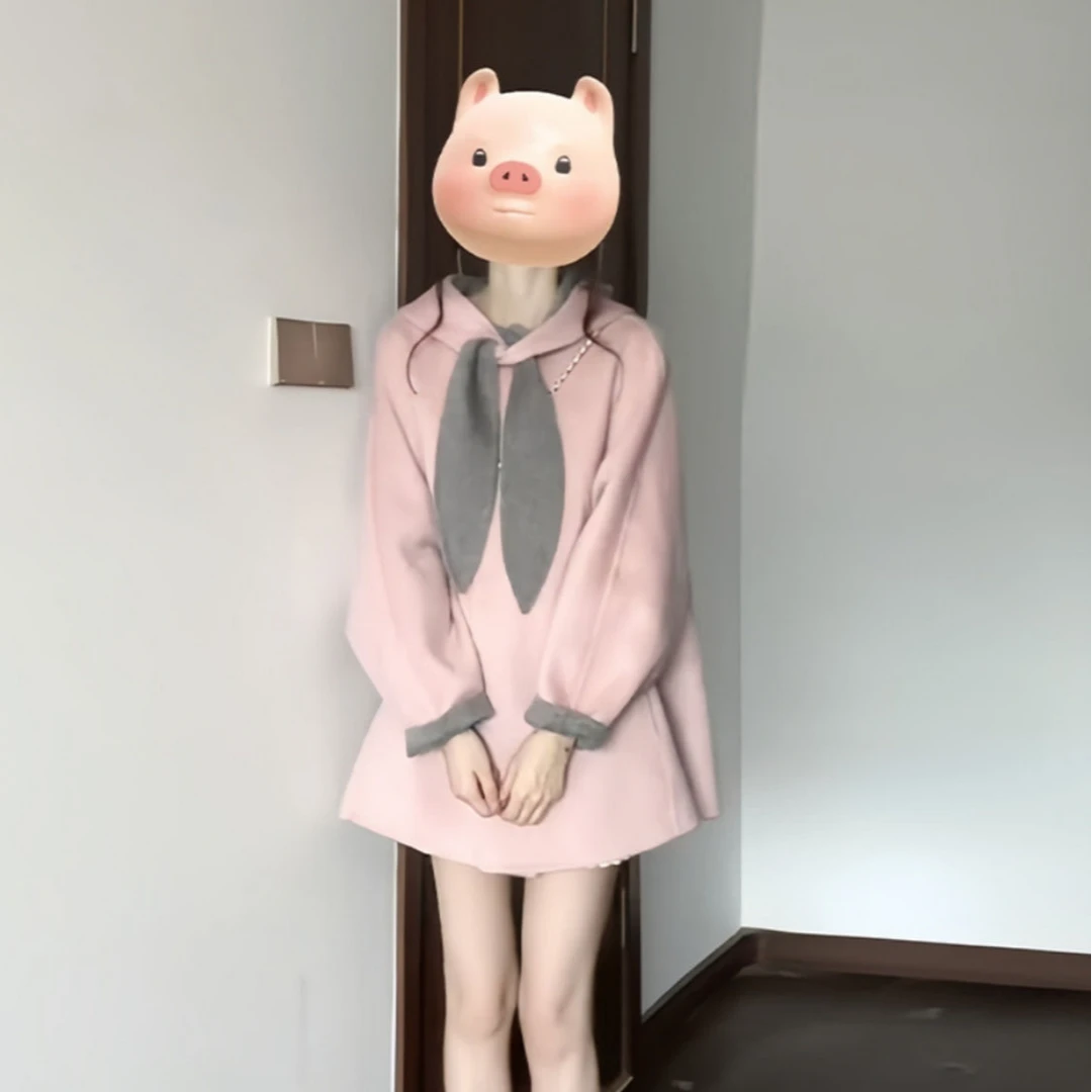 粉色兔耳宽松连帽中长款学院风甜美减龄上衣女装2024新款深秋外套