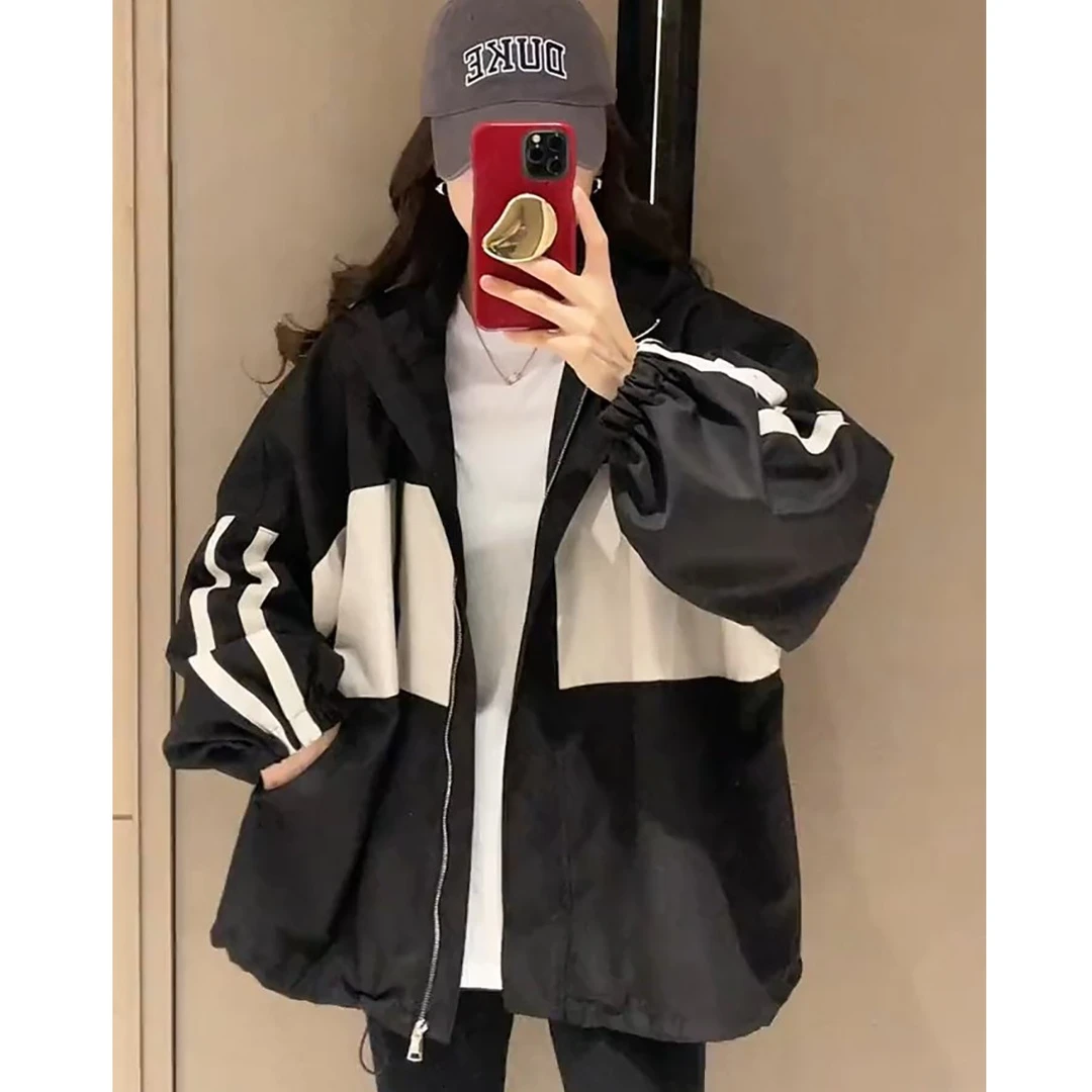 欧洲站时尚棒球服外套女春秋新款韩版宽松连帽冲锋衣休闲运动上衣