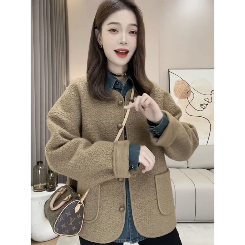 欧货纯色羊羔毛外套女秋冬高级感单排扣皮毛一体小香风保暖上衣