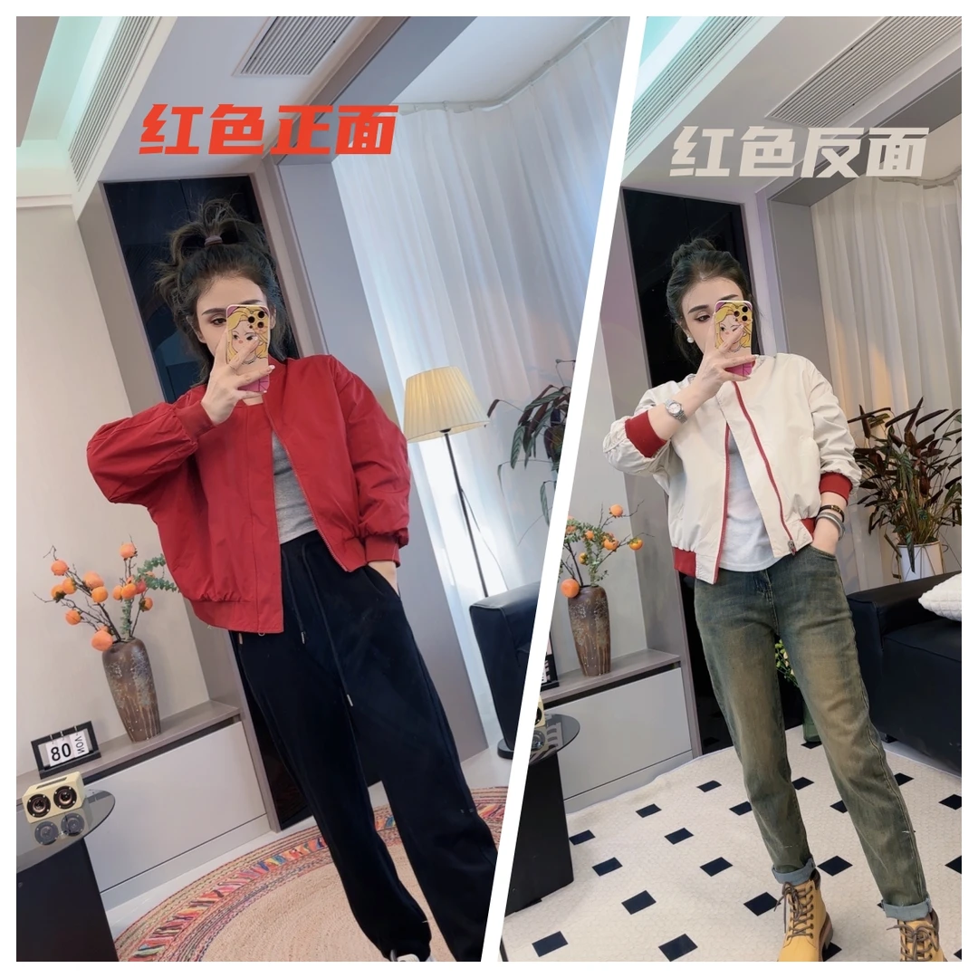 2023新款两面穿设计撞色棒球服上衣式复古短款夹克外套女春秋季